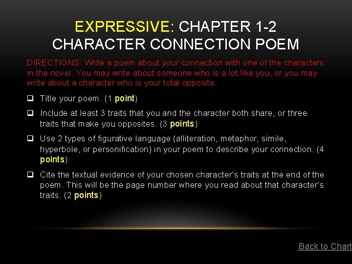 EXPRESSIVE: CHAPTER 1 -2 CHARACTER CONNECTION POEM DIRECTIONS: Write a poem about your connection EXPRESSIVE: CHAPTER 1 -2 CHARACTER CONNECTION POEM DIRECTIONS: Write a poem about your connection