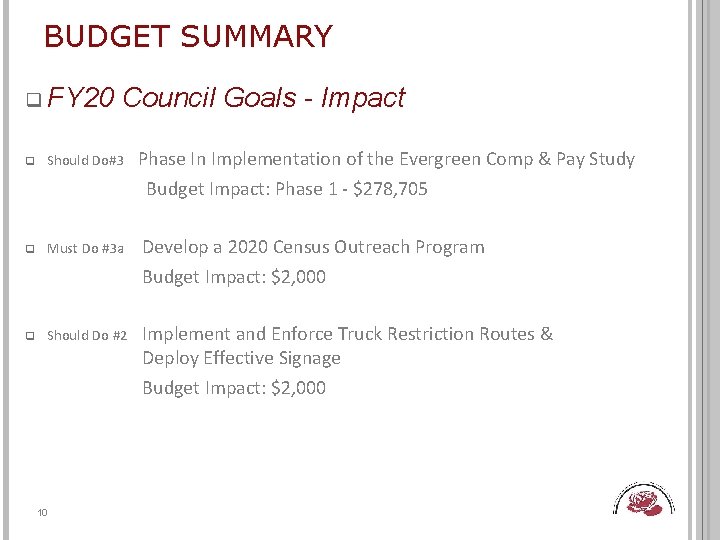 BUDGET SUMMARY q FY 20 Council Goals - Impact q Should Do#3 Phase In