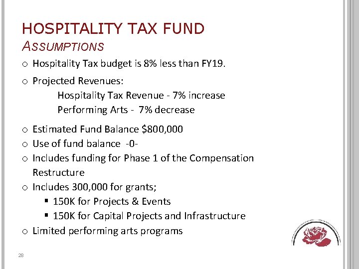 HOSPITALITY TAX FUND ASSUMPTIONS o Hospitality Tax budget is 8% less than FY 19.