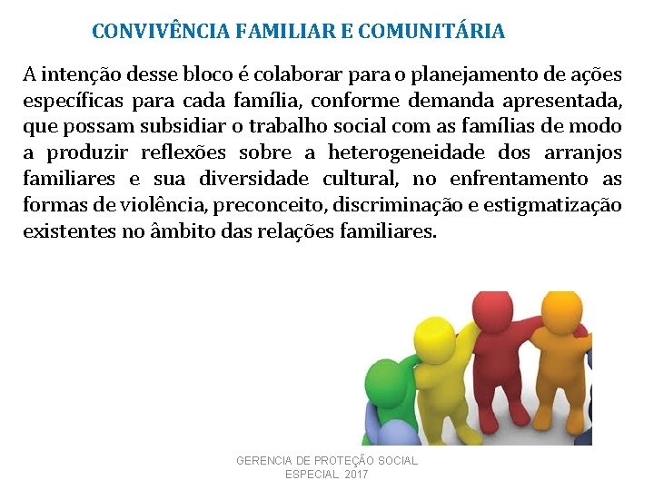 CONVIVÊNCIA FAMILIAR E COMUNITÁRIA A intenção desse bloco é colaborar para o planejamento de