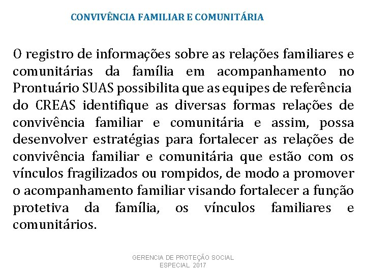 CONVIVÊNCIA FAMILIAR E COMUNITÁRIA O registro de informações sobre as relações familiares e comunitárias