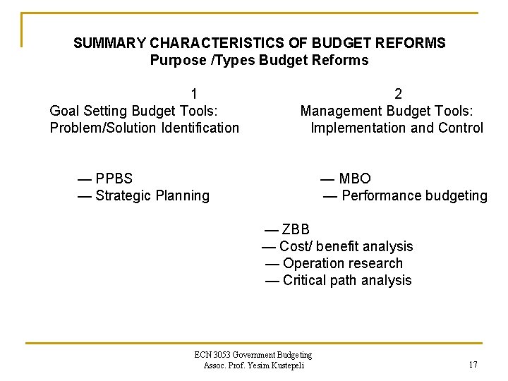 SUMMARY CHARACTERISTICS OF BUDGET REFORMS Purpose /Types Budget Reforms 1 Goal Setting Budget Tools: