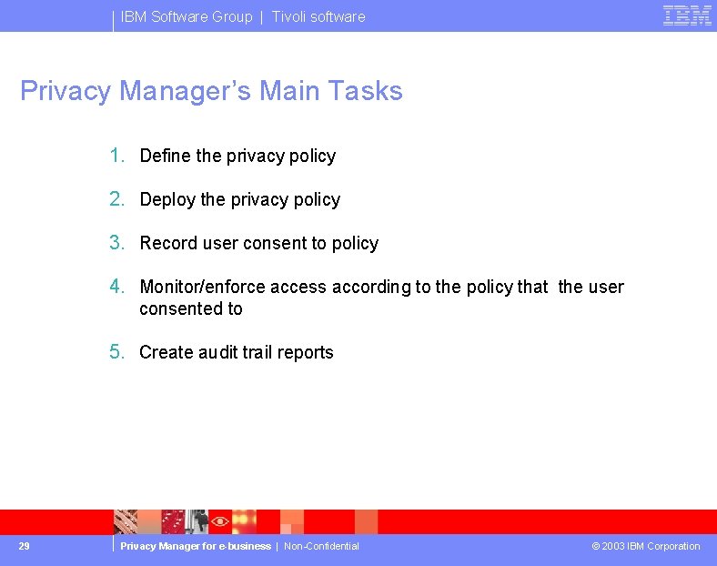 IBM Software Group | Tivoli software Privacy Manager’s Main Tasks 1. Define the privacy