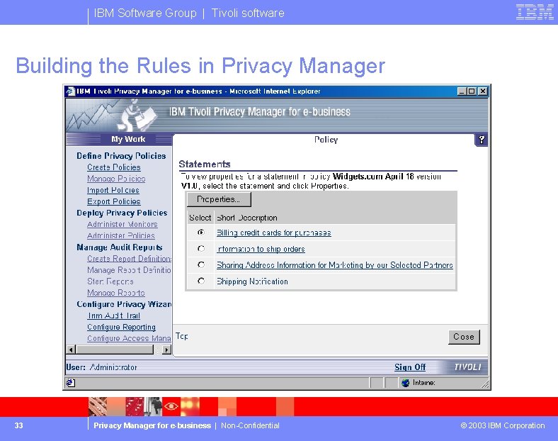 IBM Software Group | Tivoli software Building the Rules in Privacy Manager 33 Privacy