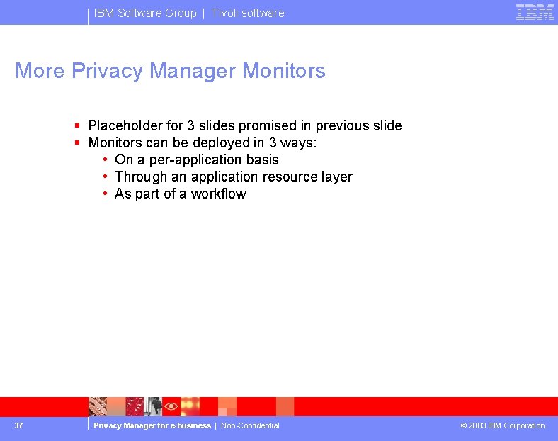 IBM Software Group | Tivoli software More Privacy Manager Monitors § Placeholder for 3