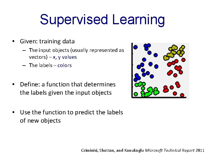 Supervised Learning • Given: training data – The input objects (usually represented as vectors)