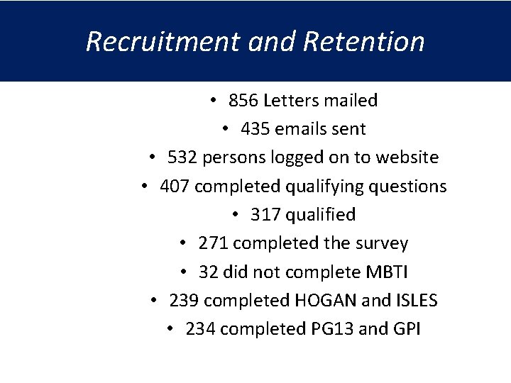 Recruitment and Retention • 856 Letters mailed • 435 emails sent • 532 persons