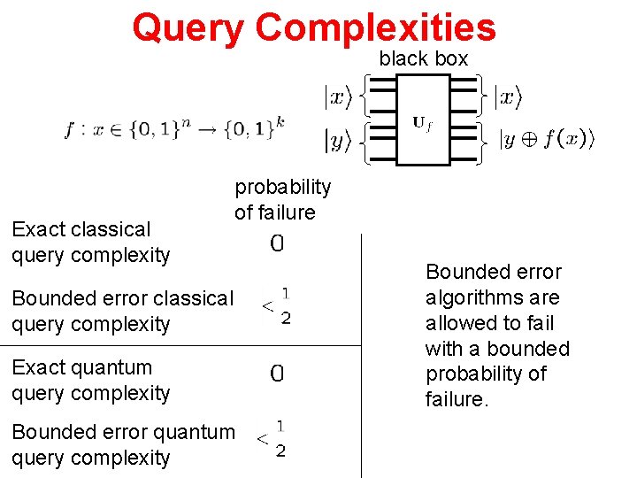 Query Complexities black box Exact classical query complexity probability of failure Bounded error classical
