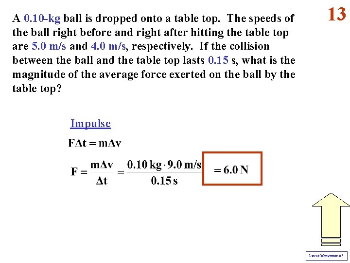 A 0. 10 -kg ball is dropped onto a table top. The speeds of