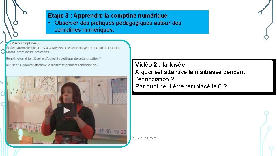 Etape 3 : Apprendre la comptine numérique • Observer des pratiques pédagogiques autour des