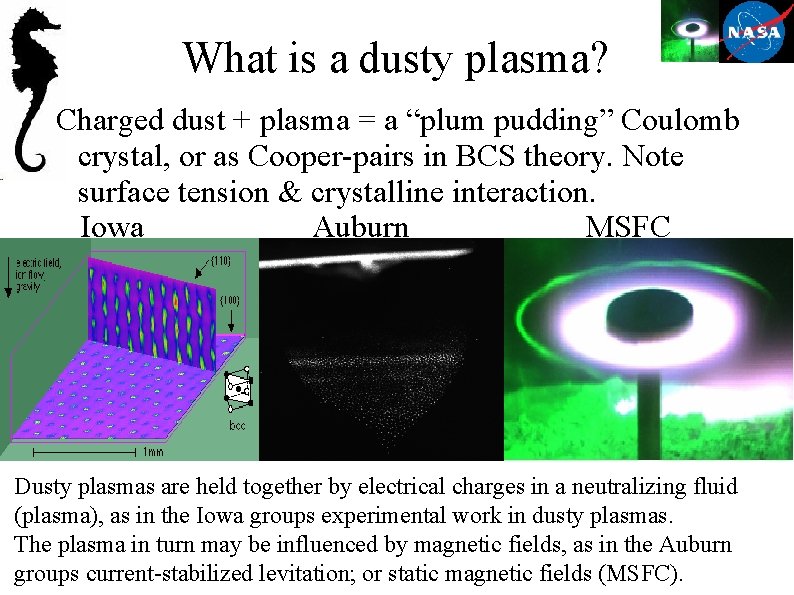 What is a dusty plasma? Charged dust + plasma = a “plum pudding” Coulomb