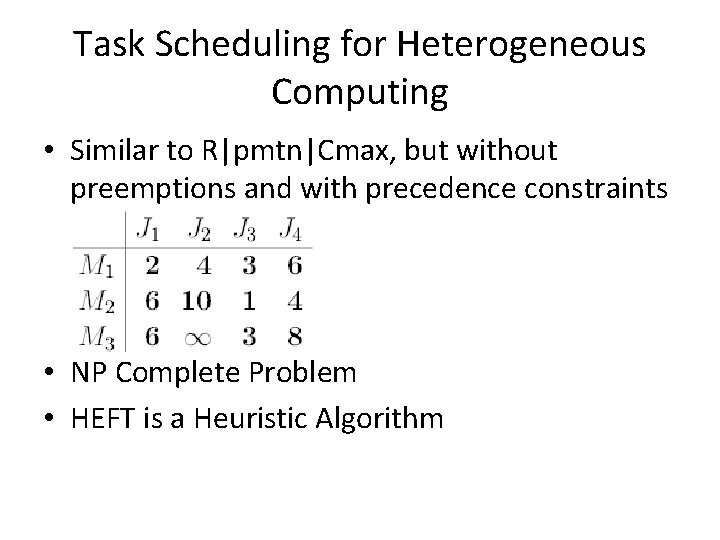 Task Scheduling for Heterogeneous Computing • Similar to R|pmtn|Cmax, but without preemptions and with