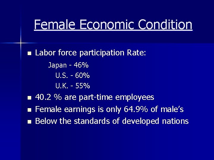 Female Economic Condition n Labor force participation Rate: Japan - 46% U. S. -