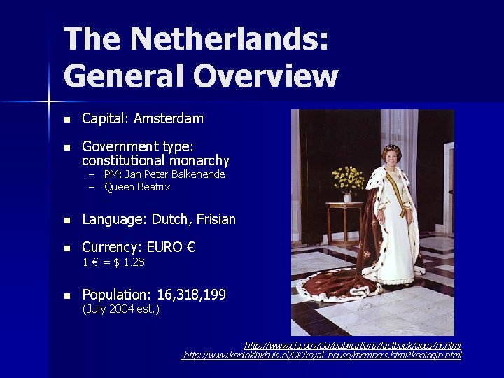 The Netherlands: General Overview n Capital: Amsterdam n Government type: constitutional monarchy – PM: