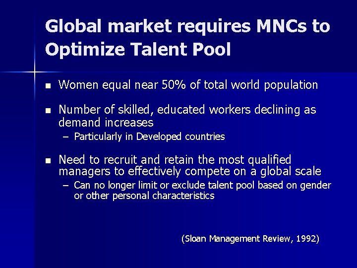 Global market requires MNCs to Optimize Talent Pool n Women equal near 50% of