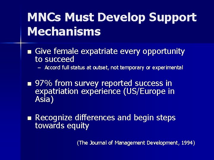 MNCs Must Develop Support Mechanisms n Give female expatriate every opportunity to succeed –