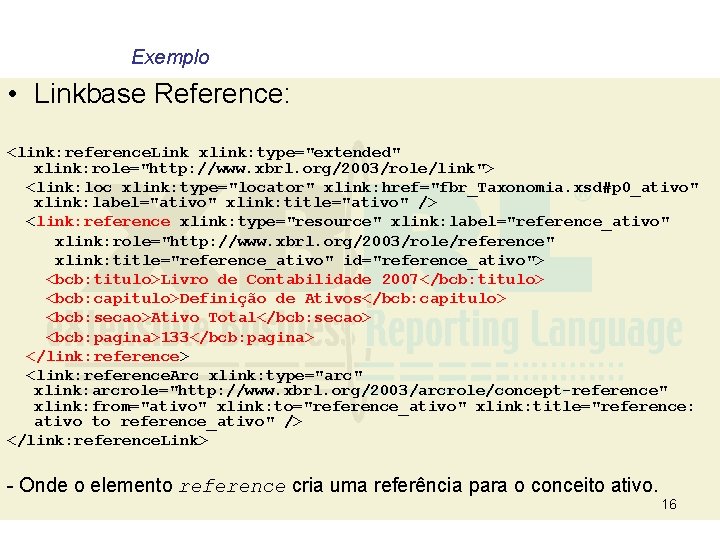 Exemplo • Linkbase Reference: <link: reference. Link xlink: type="extended" xlink: role="http: //www. xbrl. org/2003/role/link">