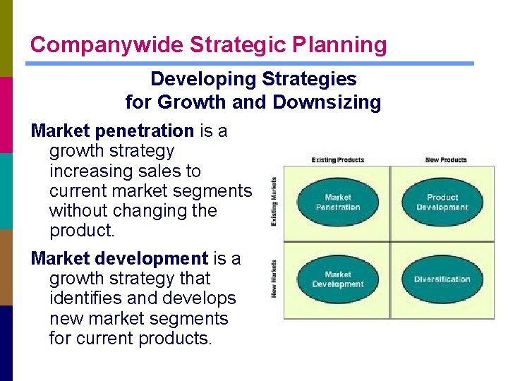 Companywide Strategic Planning Developing Strategies for Growth and Downsizing Market penetration is a growth