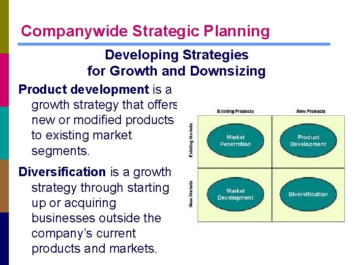 Companywide Strategic Planning Developing Strategies for Growth and Downsizing Product development is a growth