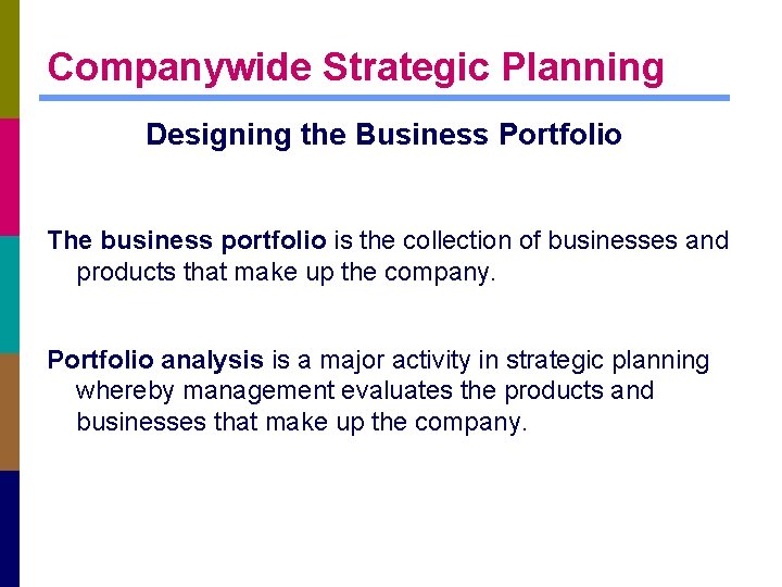 Companywide Strategic Planning Designing the Business Portfolio The business portfolio is the collection of