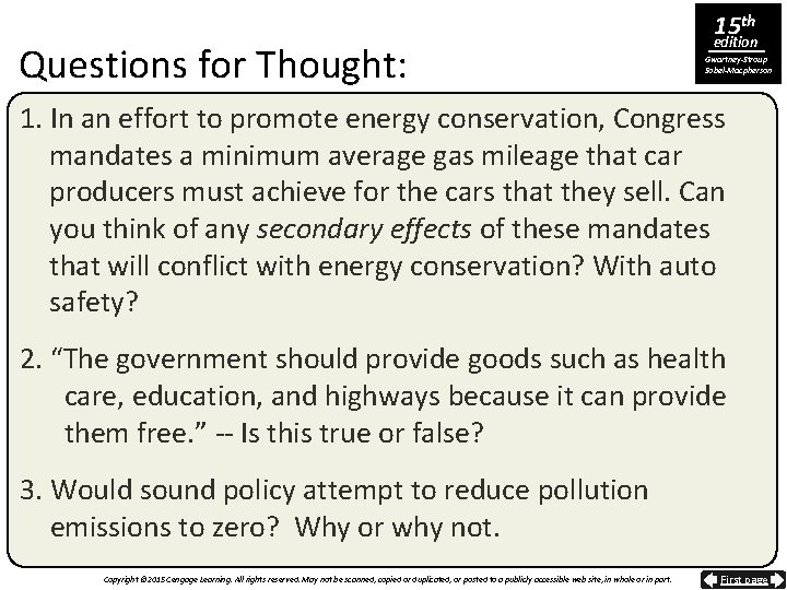 Questions for Thought: 15 th edition Gwartney-Stroup Sobel-Macpherson 1. In an effort to promote