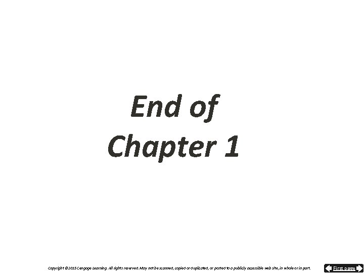 End of Chapter 1 Copyright © 2015 Cengage Learning. All rights reserved. May not