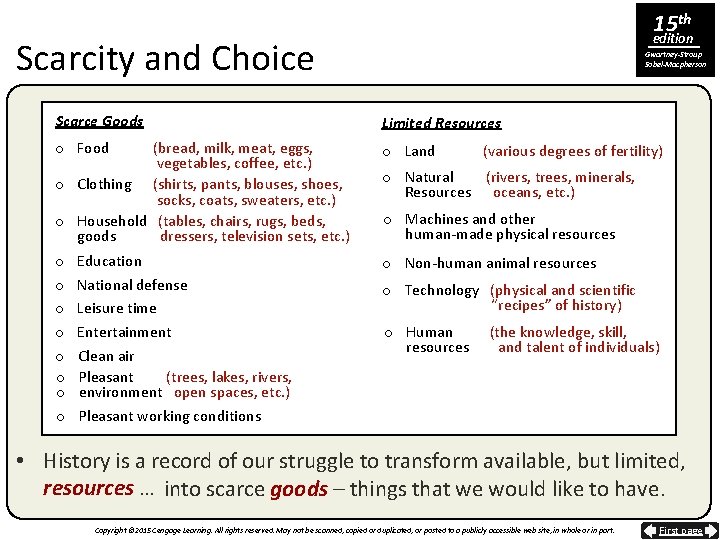 15 th edition Scarcity and Choice Gwartney-Stroup Sobel-Macpherson Scarce Goods Limited Resources o Food