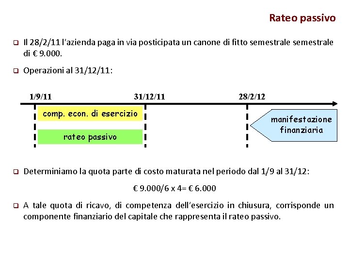 Rateo passivo q Il 28/2/11 l’azienda paga in via posticipata un canone di fitto