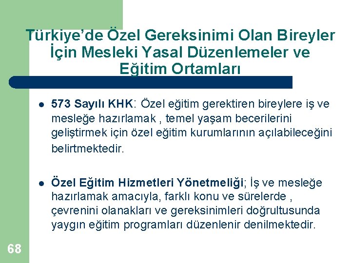 Türkiye’de Özel Gereksinimi Olan Bireyler İçin Mesleki Yasal Düzenlemeler ve Eğitim Ortamları 68 l