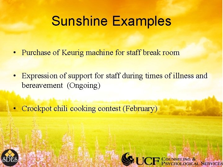 Sunshine Examples • Purchase of Keurig machine for staff break room • Expression of