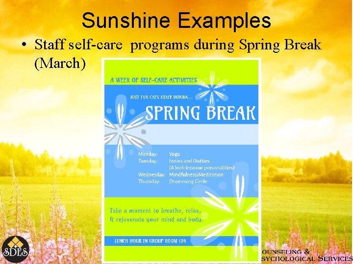 Sunshine Examples • Staff self-care programs during Spring Break (March) 