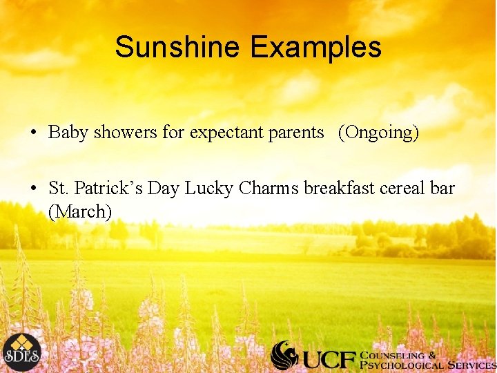 Sunshine Examples • Baby showers for expectant parents (Ongoing) • St. Patrick’s Day Lucky