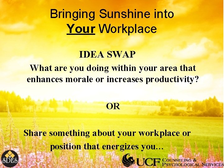 Bringing Sunshine into Your Workplace IDEA SWAP What are you doing within your area