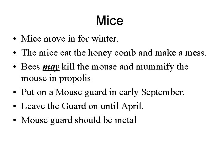 Mice • Mice move in for winter. • The mice eat the honey comb