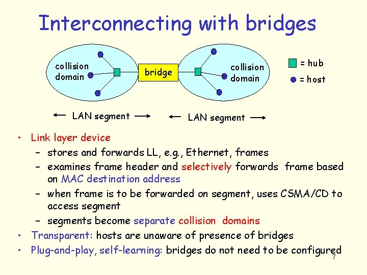 Interconnecting with bridges collision domain LAN segment bridge collision domain = hub = host