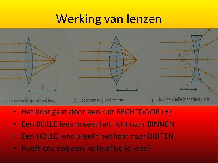Werking van lenzen • • Het licht gaat door een ruit RECHTDOOR (±) Een