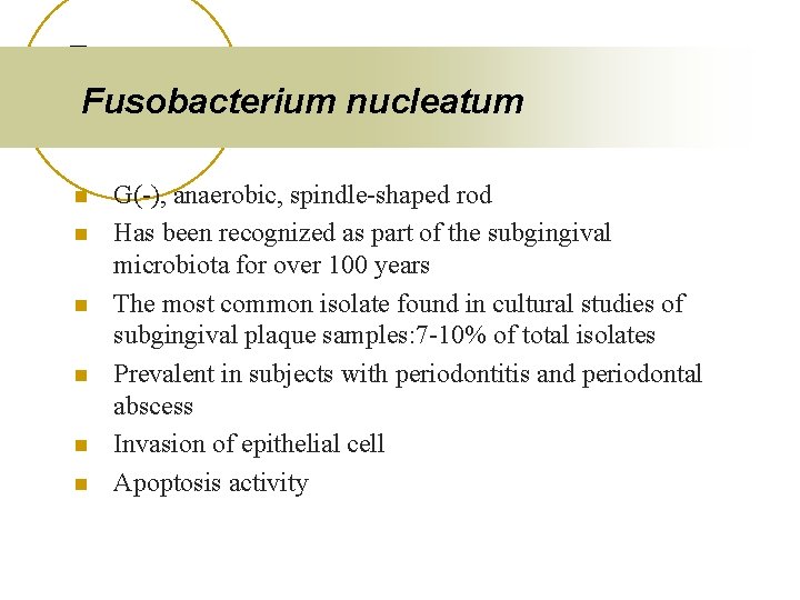 Fusobacterium nucleatum n n n G(-), anaerobic, spindle-shaped rod Has been recognized as part