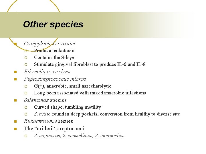 Other species n Campylobacter rectus ¡ ¡ ¡ n n Eikenella corrodens Peptostreptococcus micros