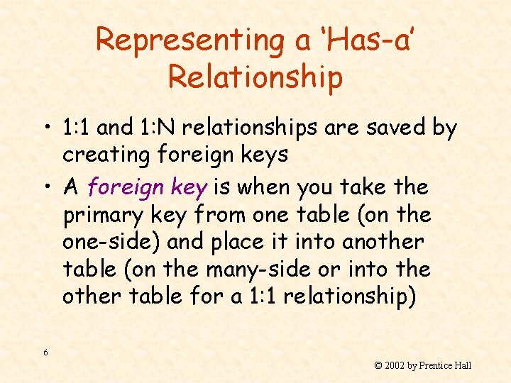 Representing a ‘Has-a’ Relationship • 1: 1 and 1: N relationships are saved by