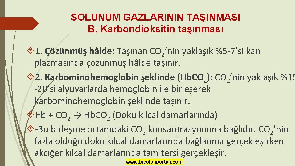 SOLUNUM GAZLARININ TAŞINMASI B. Karbondioksitin taşınması 1. Çözünmüş hâlde: Taşınan CO 2’nin yaklaşık %5