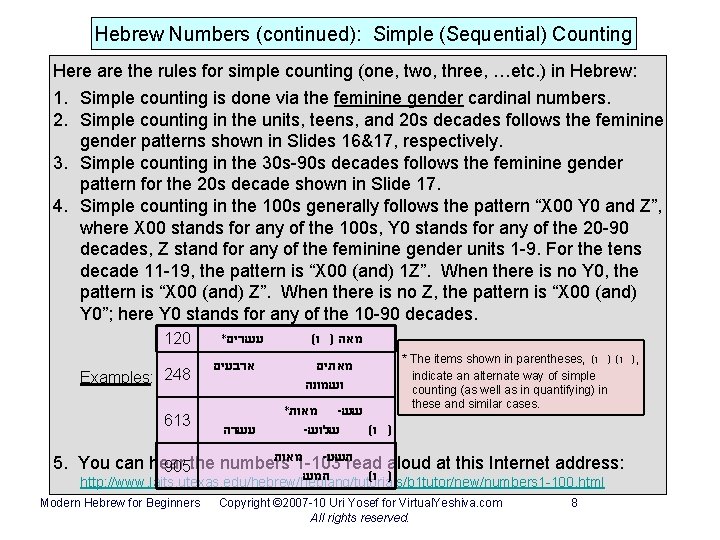 Hebrew Numbers (continued): Simple (Sequential) Counting Here are the rules for simple counting (one,