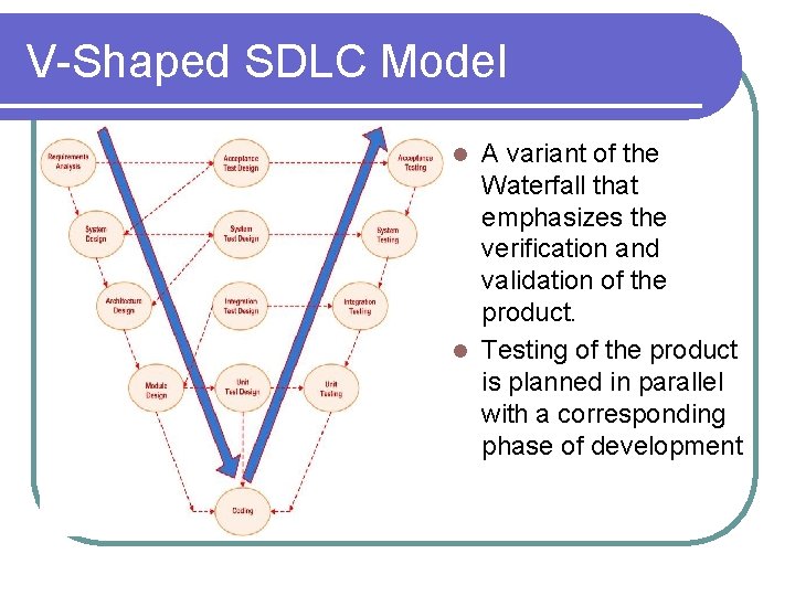 V-Shaped SDLC Model A variant of the Waterfall that emphasizes the verification and validation
