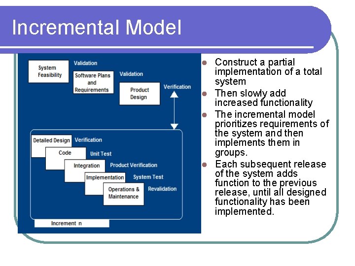 Incremental Model Construct a partial implementation of a total system l Then slowly add