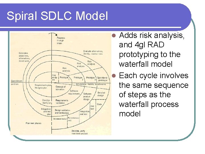 Spiral SDLC Model Adds risk analysis, and 4 gl RAD prototyping to the waterfall Spiral SDLC Model Adds risk analysis, and 4 gl RAD prototyping to the waterfall