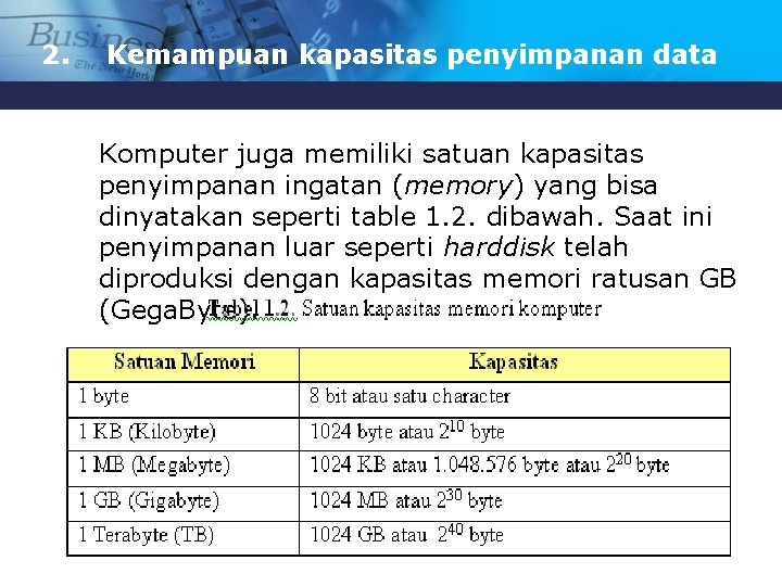 2. Kemampuan kapasitas penyimpanan data Komputer juga memiliki satuan kapasitas penyimpanan ingatan (memory) yang