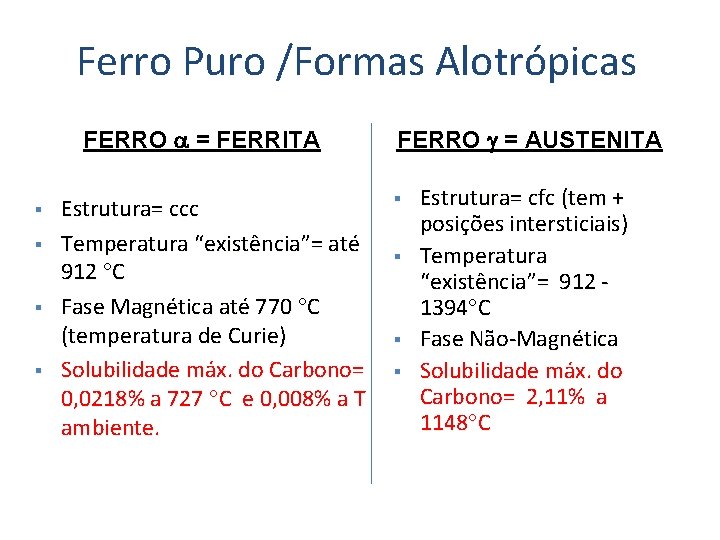 Ferro Puro /Formas Alotrópicas FERRO = FERRITA § § Estrutura= ccc Temperatura “existência”= até