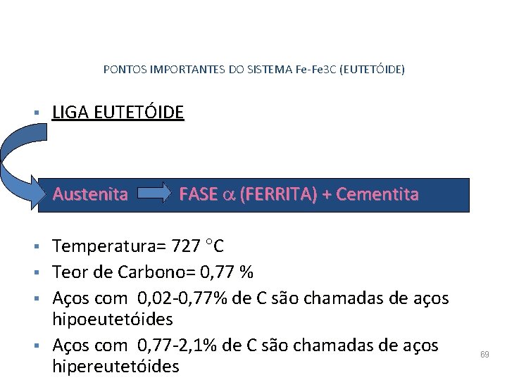 PONTOS IMPORTANTES DO SISTEMA Fe-Fe 3 C (EUTETÓIDE) § LIGA EUTETÓIDE § Austenita FASE
