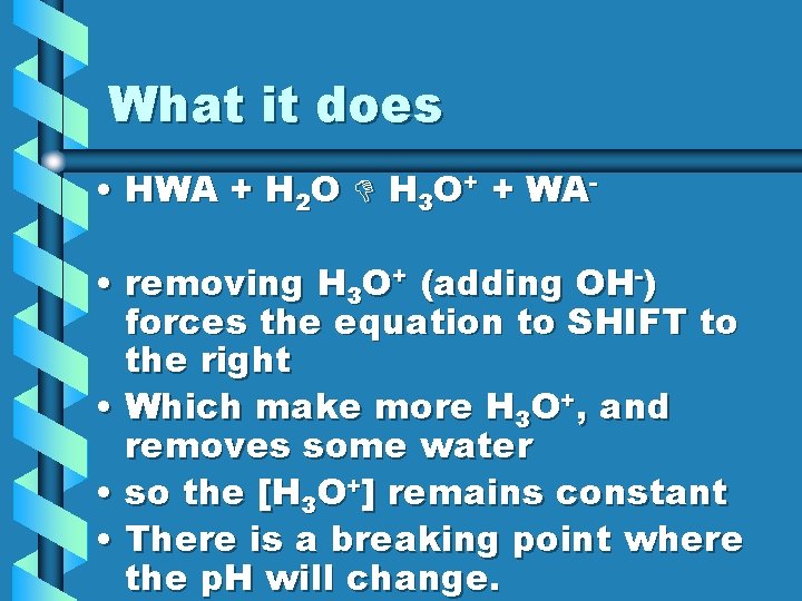What it does • HWA + H 2 O H 3 O+ + WA