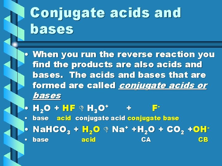 Conjugate acids and bases • When you run the reverse reaction you find the