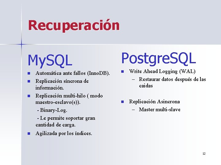 Recuperación My. SQL Postgre. SQL Automática ante fallos (Inno. DB). n Replicación síncrona de